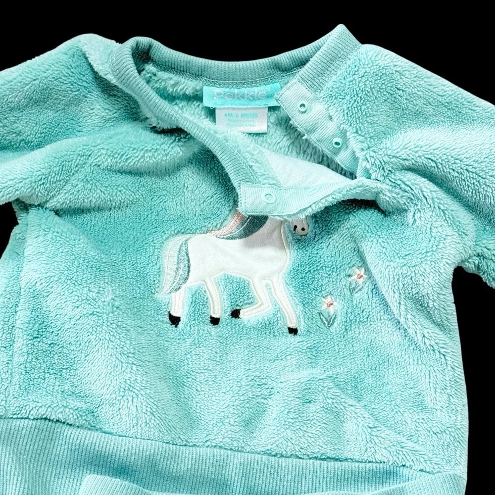 Infant Girl 6 Mo Pekkle Fleece Jogger/sweatsuit Lot Unicorn‎ & Flowers Preowned